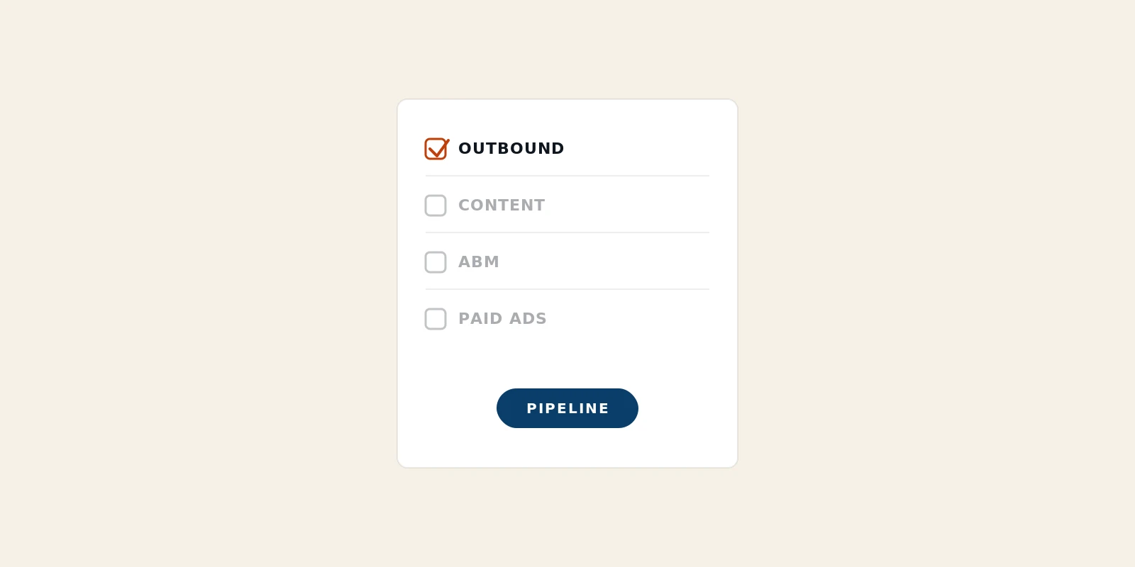 One channel is checked off from a short list of demand generation channels while the rest stay unchecked, with a PIPELINE result pill below it.