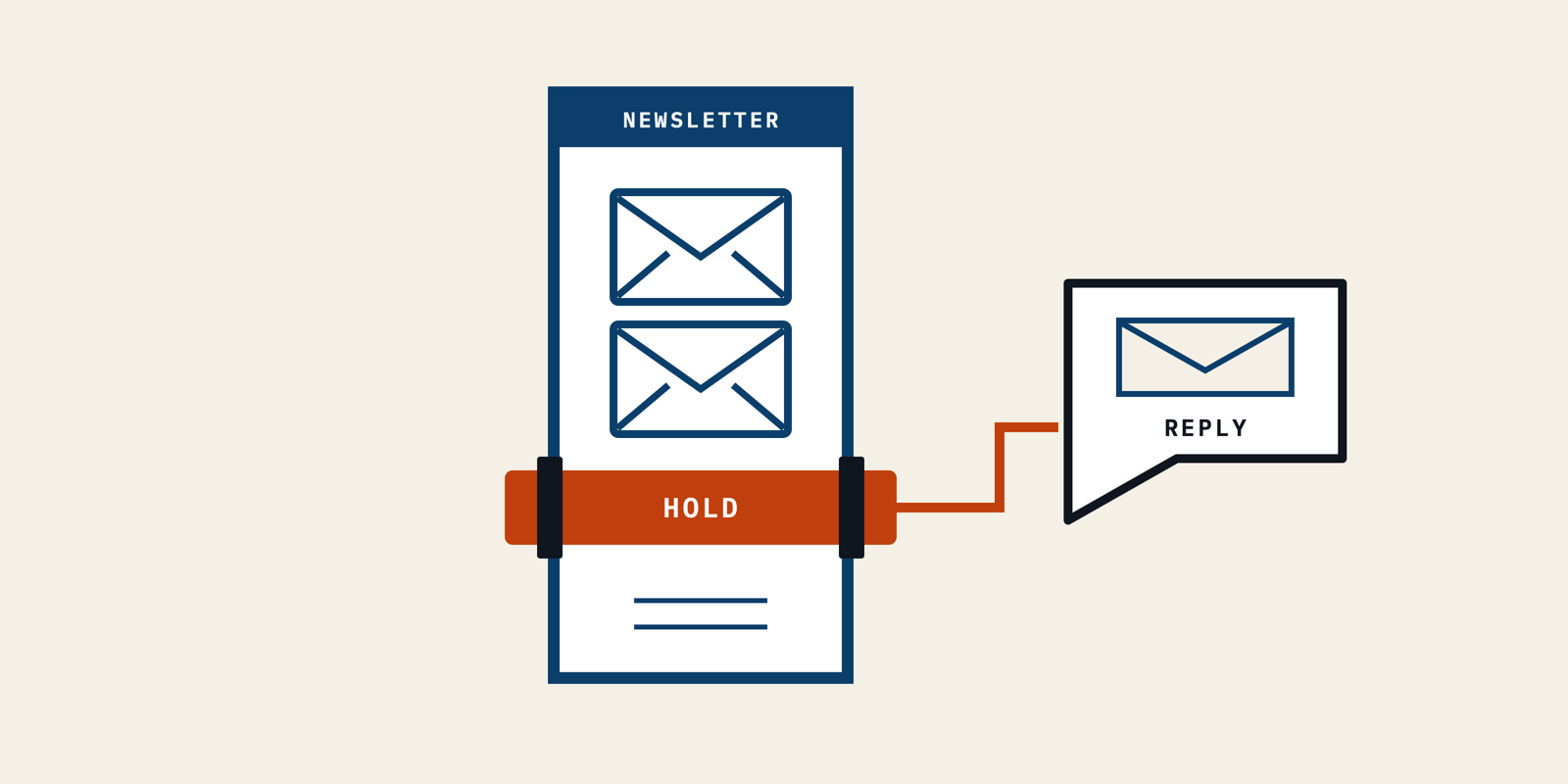 A newsletter feed stops at a closed rust valve when a reply arrives beside it.